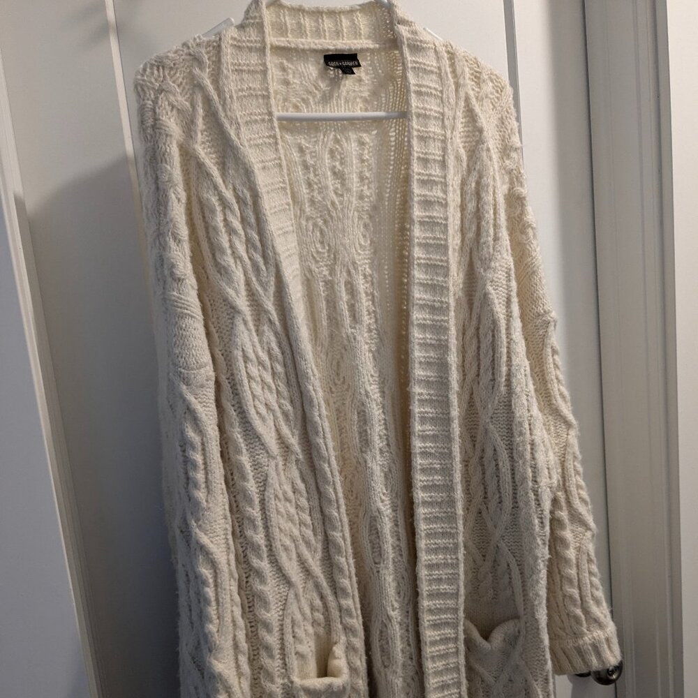 Coco + Carmen Women's L/XL Cable knit Ivory Long Cardigan